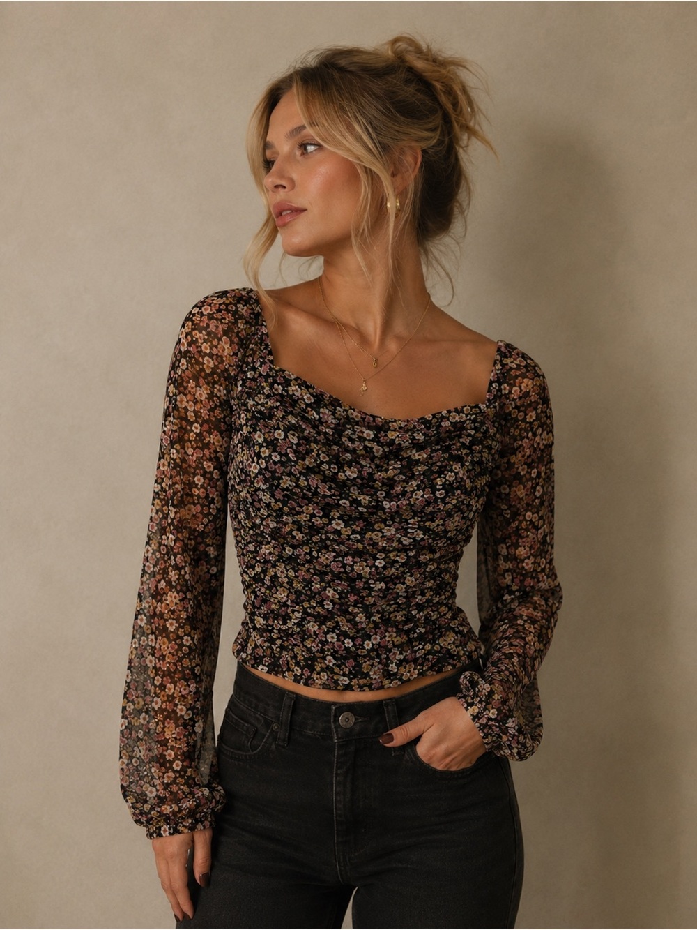 ALL IN FAVOR • floral blouse with smocked back and sheer sleeves